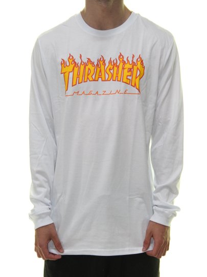 Camiseta Masculina Thrasher Flame Manga Longa - Branco