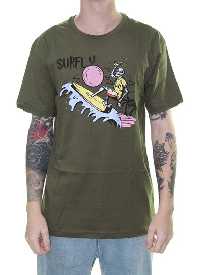 Camiseta Masculina Surfly Caveira Surfando Manga Curta - Verde Militar