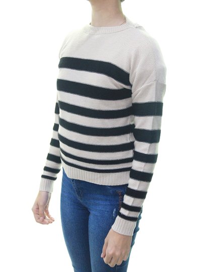 Blusa Feminina Cropped Tricot Seeing Double Manga Longa - Bege/Preto