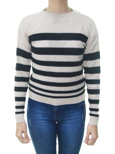 Blusa Feminina Cropped Tricot Seeing Double Manga Longa - Bege/Preto