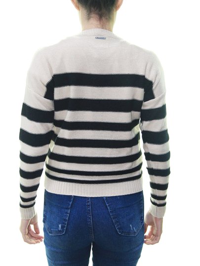 Blusa Feminina Cropped Tricot Seeing Double Manga Longa - Bege/Preto