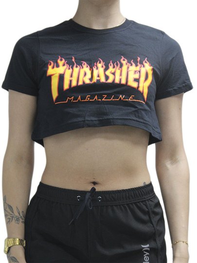 Blusinha Feminina Thrasher Flame Logo Manga Curta Estampada - Preto