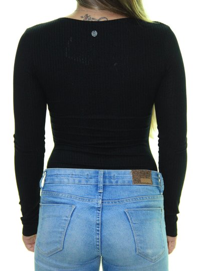 Body Feminino Riukiu Decote V Botões Manga Longa - Preto