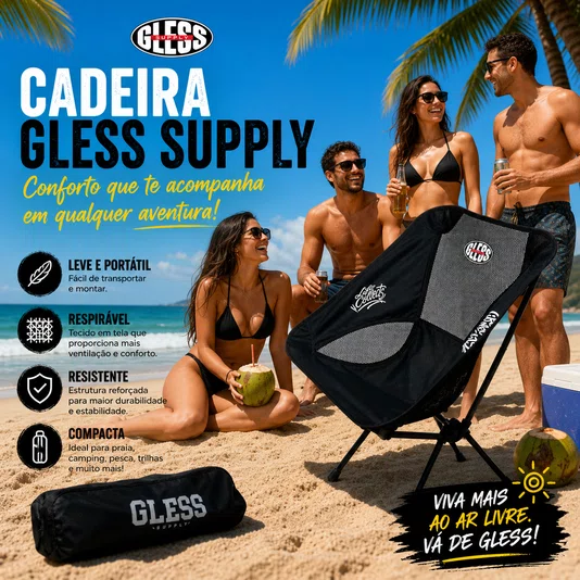 Cadeira de Praia Dobrável Gless Supply  Leve Resistente e Super Confortável