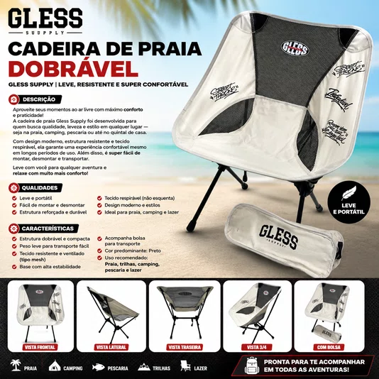 Cadeira de Praia Dobrável Gless Supply Leve Resistente e Super Confortável
