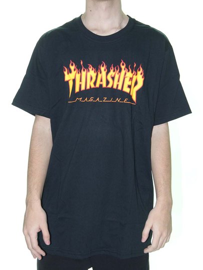 Camiseta Masculina Thrasher Flame Logo Manga Curta Estampada - Preto