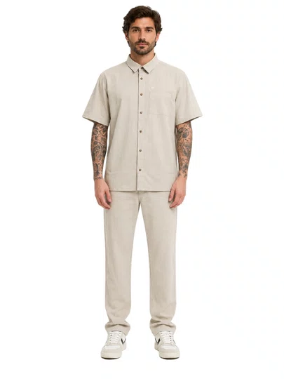 Camisa De Botão Masculina Freesurf Shell Manga Curta - Khaki