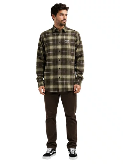 Camisa De Botão Masculina Xadrez Plano C Dryland Flannel - Verde/Bege