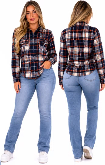 Camisa Flanela Feminina DcShoes Star basic - Preto/Laranja/Cinza