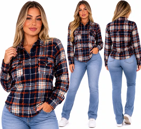 Camisa Flanela Feminina DcShoes Star basic - Preto/Laranja/Cinza