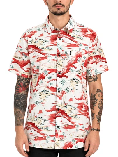 Camisa Masculina Rip Curl Shipwrecks Manga Curta Estampadada - Branco/Bordô