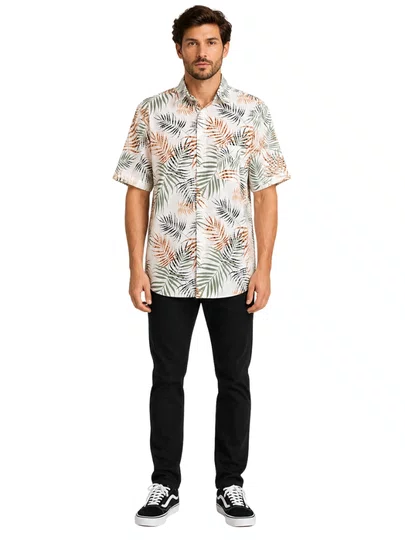 Camisa Masculina South To South Basica Manga Curta Estampada - Off White