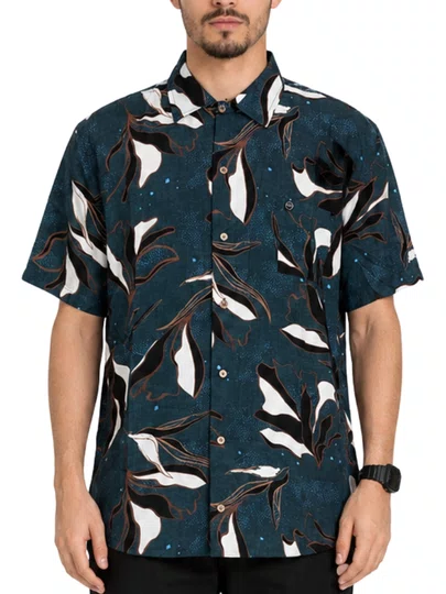 Camisa Masculina South to South Blue Manga Curta - Azul Floral