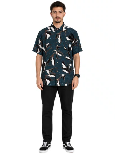 Camisa Masculina South to South Blue Manga Curta - Azul Floral