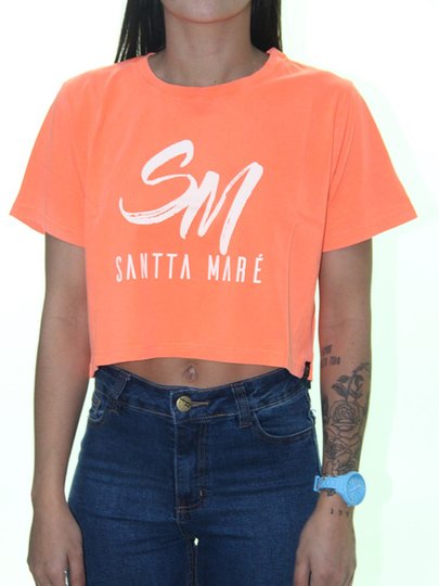 Camiseta Feminina Cropped Santta Maré Neon Manga Curta - Laranja Neon