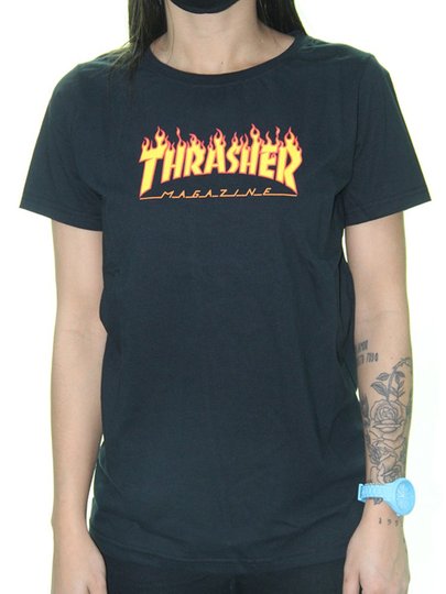 Camiseta Feminina Thrasher Flame Logo Manga Curta Estampada - Preto