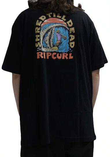 Camiseta Masculina Big Rip Curl Shred Til Manga Curta Estampada - Preto