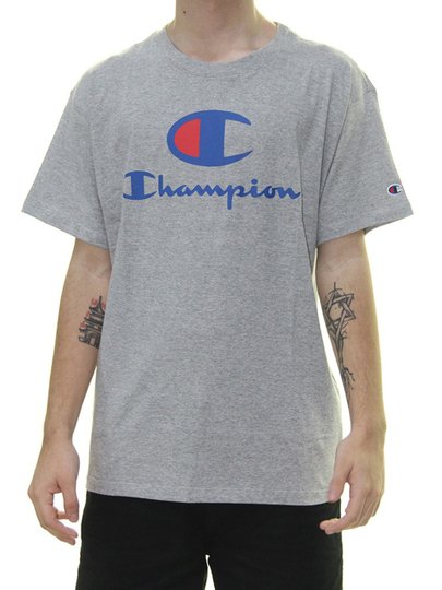 Camiseta Masculina Champion Big Logo Scripit INK Manga Curta Estampada - Cinza Mesclado