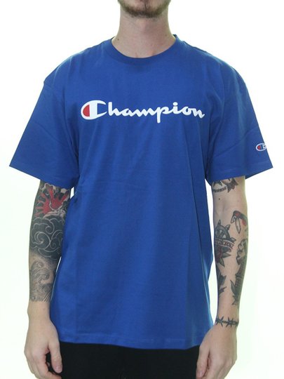 Camiseta Masculina Champion Script Logo Print Manga Curta Estampada - Azul