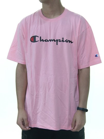 Camiseta Masculina Champion Script Logo Print Manga Curta Estampada - Rosa