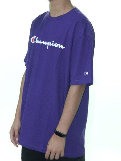 Camiseta Masculina Champion Script Logo Print Manga Curta Estampada - Roxo