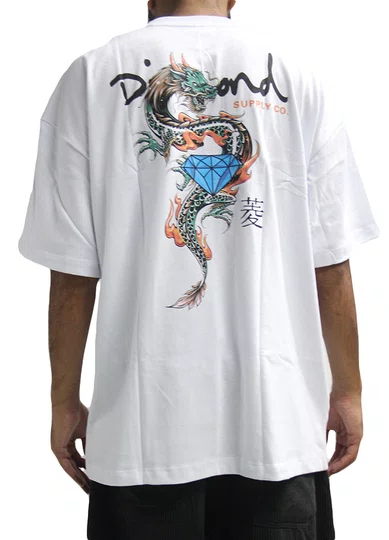 Camiseta Masculina Diamond Dragon Og Oversized Manga Curta Estampada - Branco