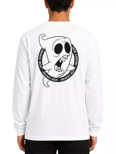 Camiseta Masculina Grow Fantasma Chest Manga Longa Estampada - Branco
