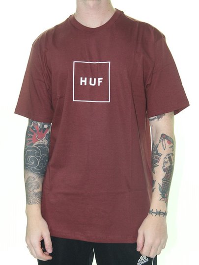 Camiseta Masculina HUF Essentials Box Logo Manga Curta Estampada - Bordô