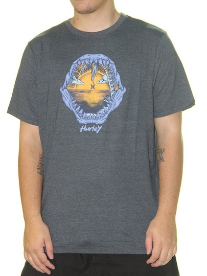 Camiseta masculina Hurley Shark Manga Curta Estampada - Mescla/Preto