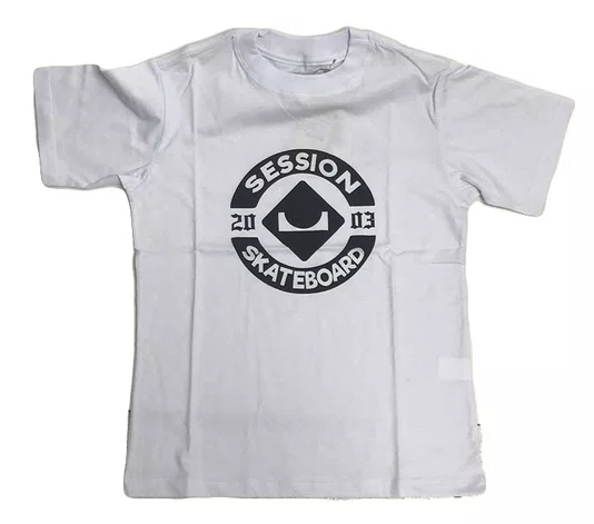 Camiseta Masculina Juvenil Session Logo Skate 2003 Manga Curta Estampada - Branco