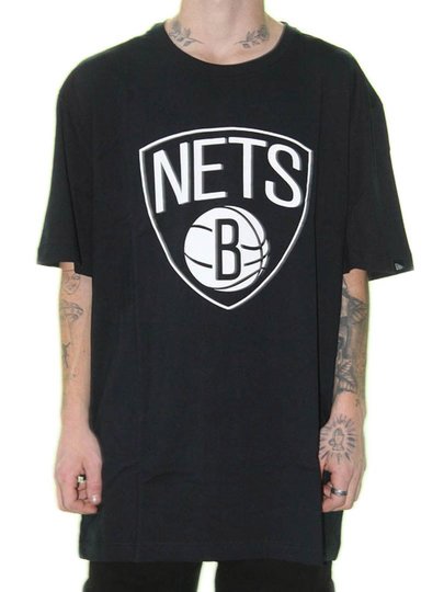Camiseta Masculina New Era Plus Size NBA Basic Logo NetsManga Curta Estampada - Preto