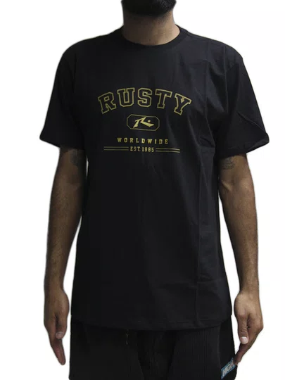 Camiseta Masculina Rusty Collegiate Manga Curta Estampada - Preto