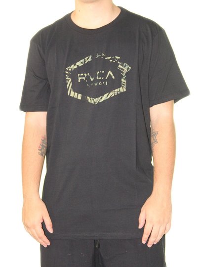 Camiseta Masculina RVCA Hawaiian Hex Manga Curta Estampada - Preto