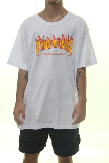 Camiseta Masculina Thrasher Flame Big Manga Curta Estampada - Branco
