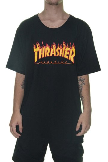 Camiseta Masculina Thrasher Flame Big Manga Curta Estampada - Preto
