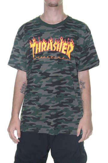 Camiseta Masculina Thrasher Flame Camo Manga Curta Estampada - Verde Camuflado