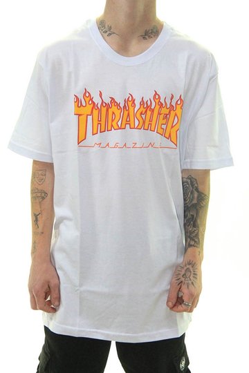 Camiseta Masculina Thrasher Flame Logo Manga Curta Estampada - Branco