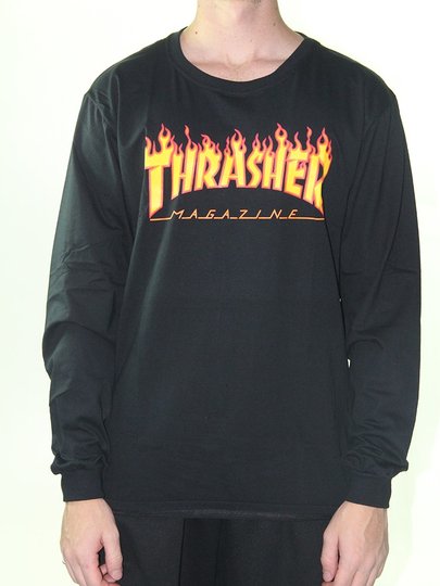 Camiseta Masculina Thrasher Flame Logo Manga Longa Estampada - Preto