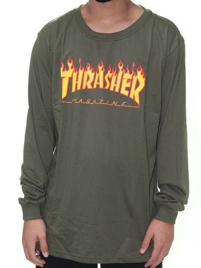 Camiseta Masculina Thrasher Flame Logo Manga Longa Estampada - Verde Militar
