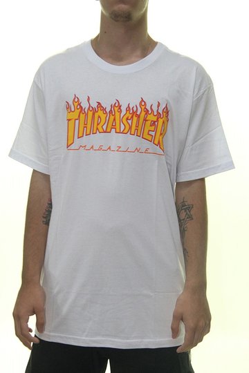 Camiseta Masculina Thrasher Flame Manga Curta Estampada - Branco