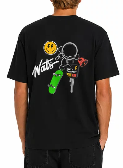 Camiseta Masculina Wats Chaveiro Manga Curta Estampada - preto