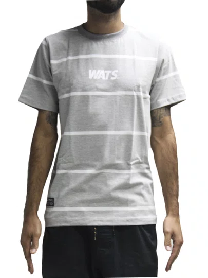 Camiseta Masculina Wats Listrada Manga Curta Estampada - Cinza Mesclado