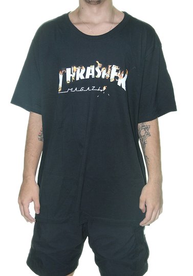 Camiseta Masculino Thrasher Intro Burner Manga Curta Estampada Big - Preto
