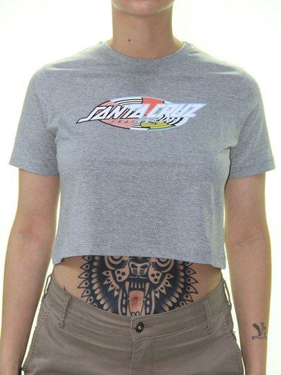 Cropped Feminino Santa Cruz Strange Oval Strip Manga Curta Estampada - Cinza/Mescla
