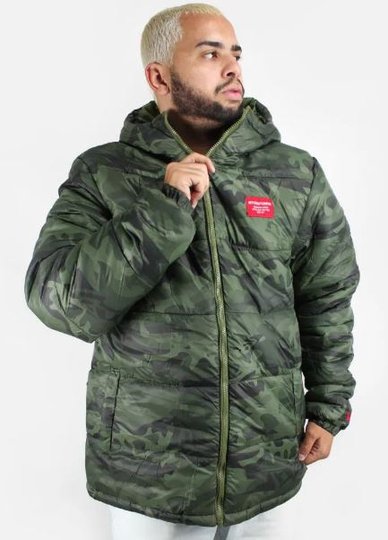 Jaqueta Masculina New Era Puffer Military Full Print Manga Longa com Capuz - Verde Militar