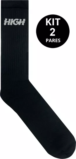 Kit 2 Pares de Meias High Unissex Logo Cano Longo - Preto