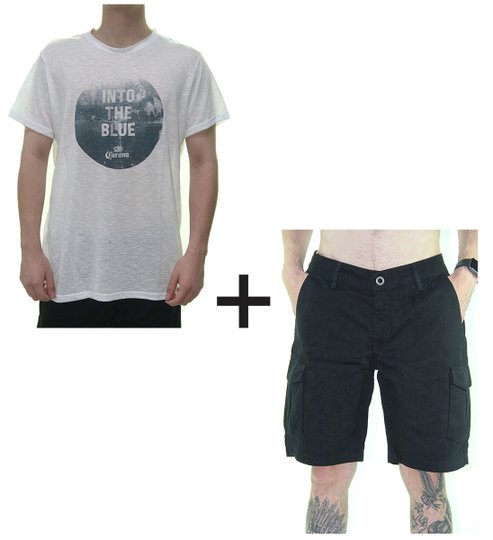 Kit Camiseta Corona  - Branco + Bermuda Volcom Bevel Cargo - Preto