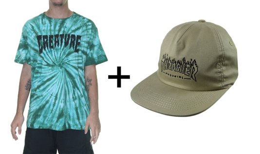 Kit Camiseta Creature Creature Shredded cor Tie Dye Verde + Boné Thrasher Drunk Witch cor Khaki