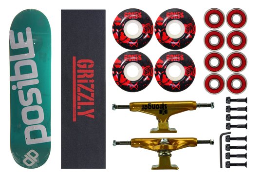 Kit Skate Montado = Shape Possible, Truck Stronge, Roda Bones, Rolamento Everlong, Parafuso Kronik, Lixa Grizzly