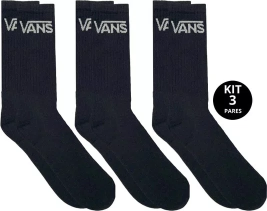 Meia Cano Alto Vans Kit 3 Pares Classic Crew - Preto